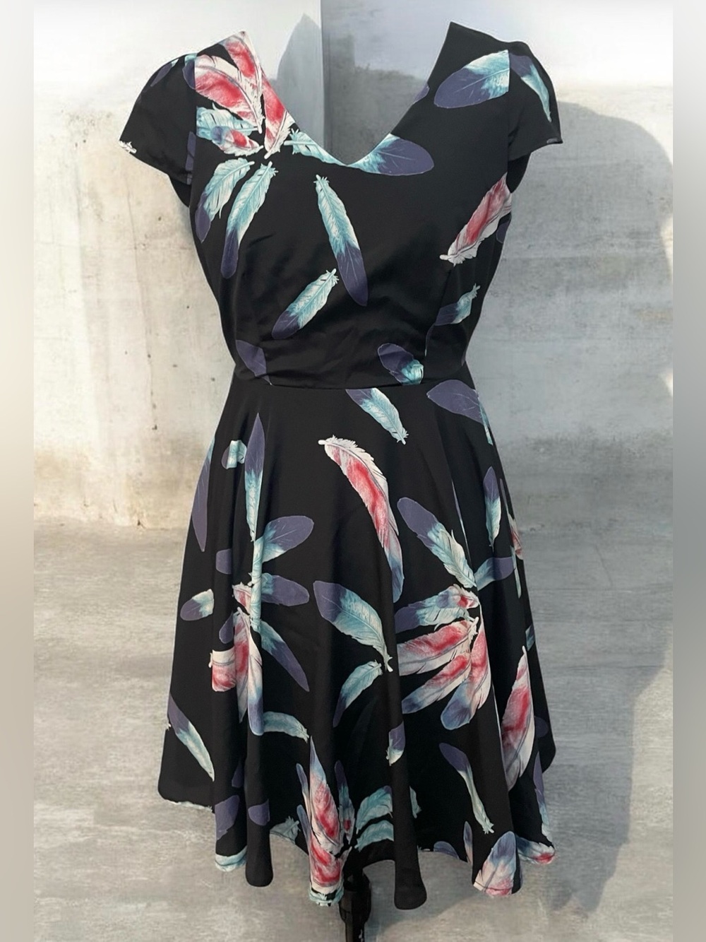 ModCloth Black Fit-and-Flare Feather Print Dress
